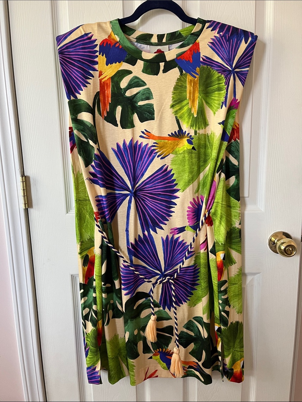 Farm Rio Sand Macaw Jungle  Sleeveless Dress with Shoulder Pads- NWT